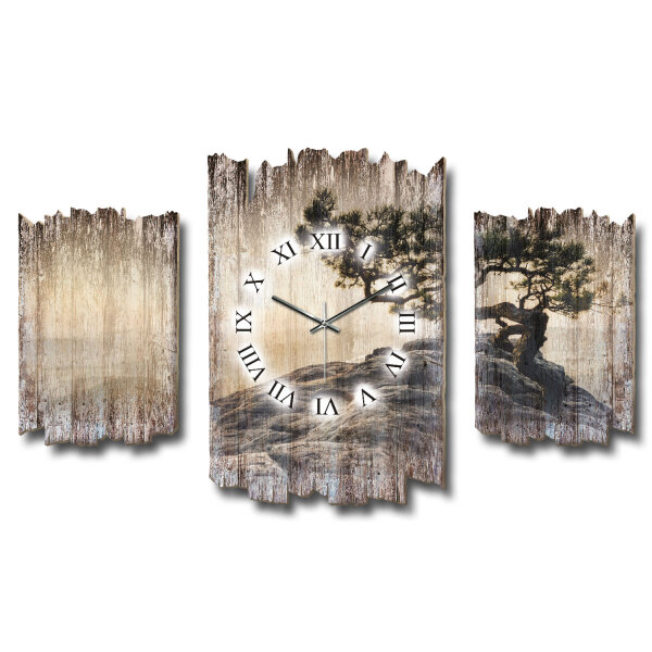 Einsamer Baum Shabby chic Dreiteilige Wanduhr aus MDF mit...