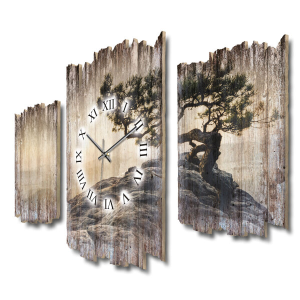 Einsamer Baum Shabby chic Dreiteilige Wanduhr aus MDF mit...