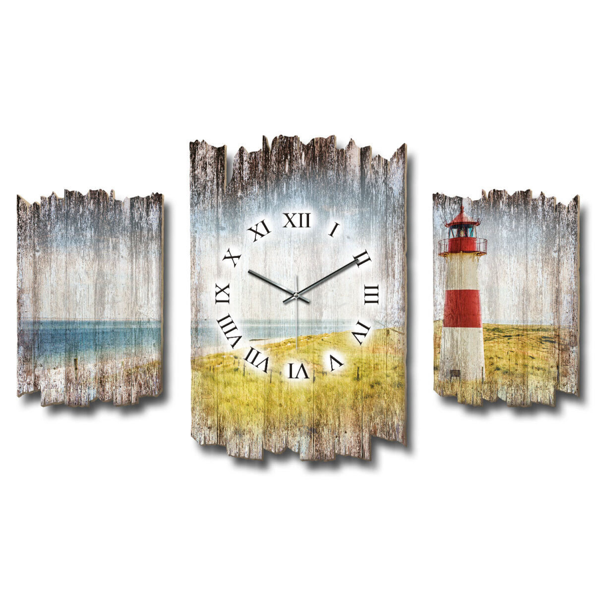 Strandpanorama Leuchtturm Shabby chic Dreiteilige Wanduhr aus MDF mit leisem Funk- oder Quarzuhrwerk