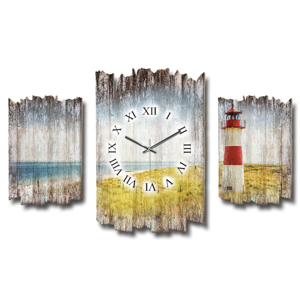 Strandpanorama Leuchtturm Shabby chic Dreiteilige Wanduhr...