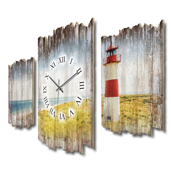 Strandpanorama Leuchtturm Shabby chic Dreiteilige Wanduhr...