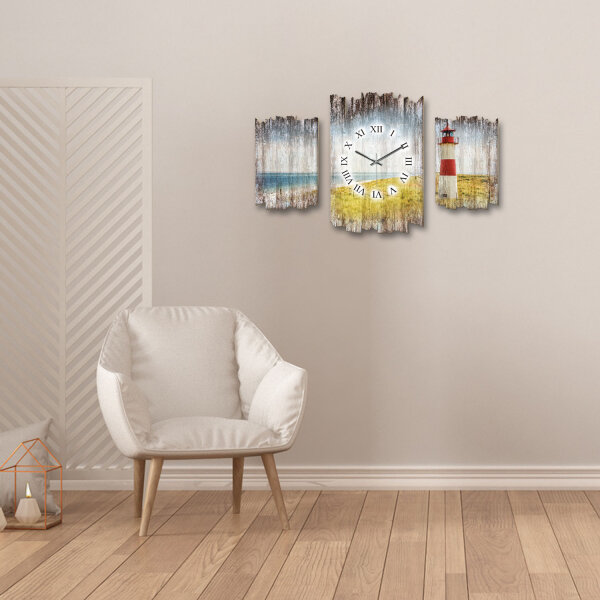 Strandpanorama Leuchtturm Shabby chic Dreiteilige Wanduhr aus MDF mit leisem Funk- oder Quarzuhrwerk