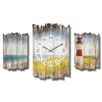 Strandpanorama Leuchtturm Shabby chic Dreiteilige Wanduhr aus MDF mit leisem Funk- oder Quarzuhrwerk