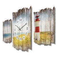 Strandpanorama Leuchtturm Shabby chic Dreiteilige Wanduhr aus MDF mit leisem Funk- oder Quarzuhrwerk