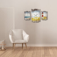 Strandpanorama Leuchtturm Shabby chic Dreiteilige Wanduhr aus MDF mit leisem Funk- oder Quarzuhrwerk