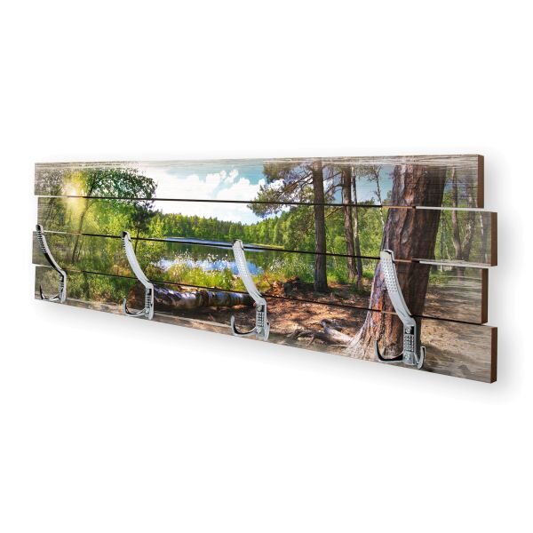 Wandgarderobe Wald See aus Holz Shabby-Chic-Design farbig bedruckt ca. 30x100cm 4 Doppel-Haken