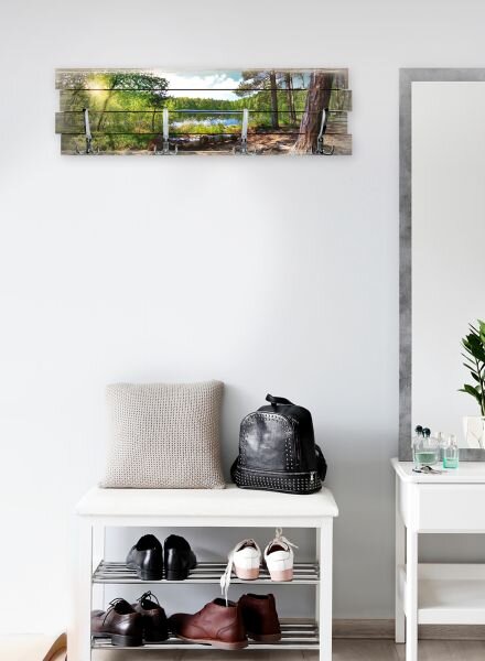 Wandgarderobe Wald See aus Holz Shabby-Chic-Design farbig bedruckt ca. 30x100cm 4 Doppel-Haken