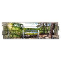 Wandgarderobe Wald See aus Holz Shabby-Chic-Design farbig bedruckt ca. 30x100cm 4 Doppel-Haken