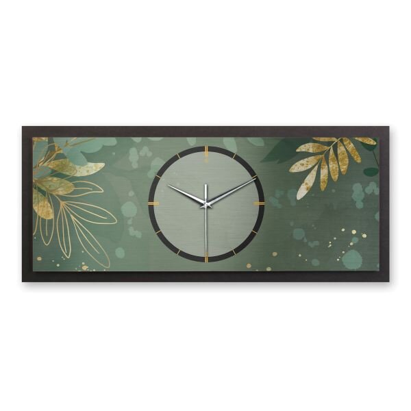 3D Wanduhr "Green & Gold" aus geb&uuml;rstetem Aluminium & MDF quer mit leisem Funk- oder Quarzuhrwerk