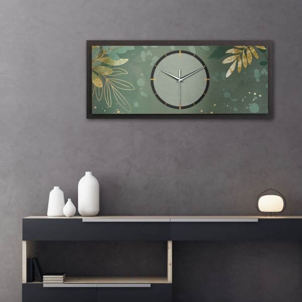 3D Wanduhr "Green & Gold" aus geb&uuml;rstetem Aluminium & MDF quer mit leisem Funk- oder Quarzuhrwerk
