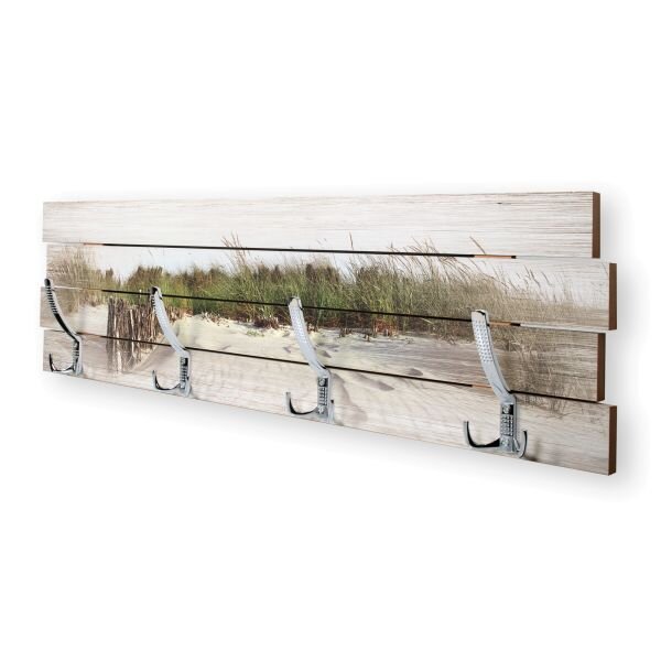 Wandgarderobe Strand aus Holz im Shabby-Chic-Design farbig bedruckt ca. 30x100cm 4 Doppel-Haken