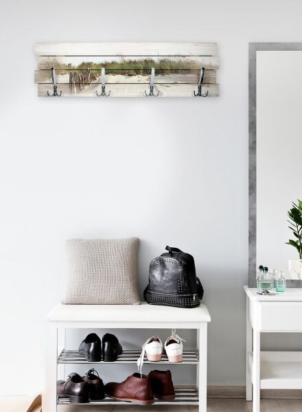 Wandgarderobe Strand aus Holz im Shabby-Chic-Design farbig bedruckt ca. 30x100cm 4 Doppel-Haken