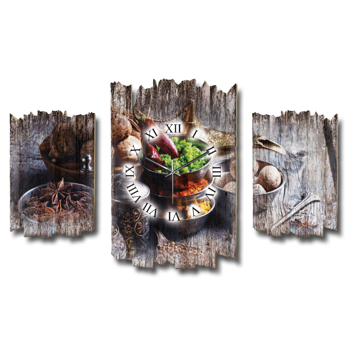 Exotische Gewürze Shabby chic Dreiteilige Wanduhr aus MDF mit leisem Funk- oder Quarzuhrwerk