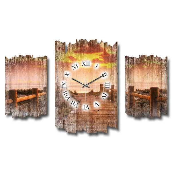 Steg Sonnenuntergang Shabby chic Dreiteilige Wanduhr aus...