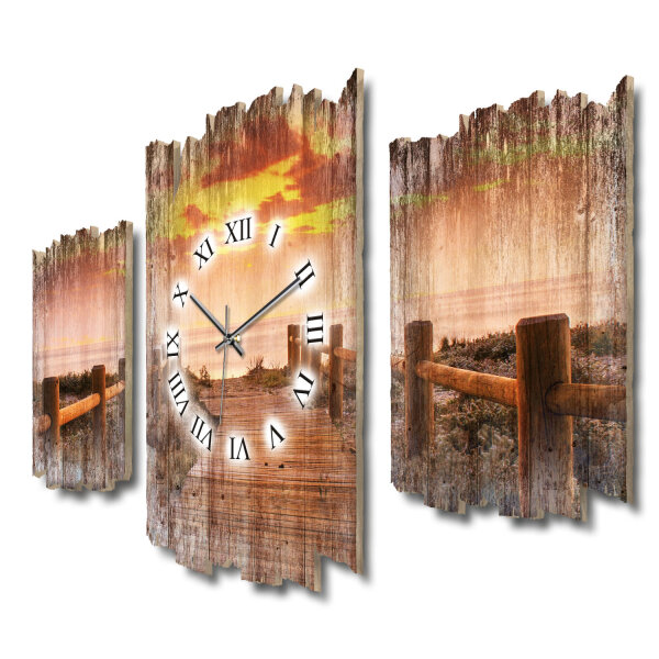 Steg Sonnenuntergang Shabby chic Dreiteilige Wanduhr aus...