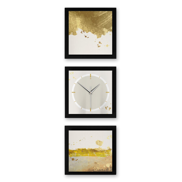 3-teilige Designer-Wanduhr „Golden Paint & Silver“ in modernem Metallic-Look