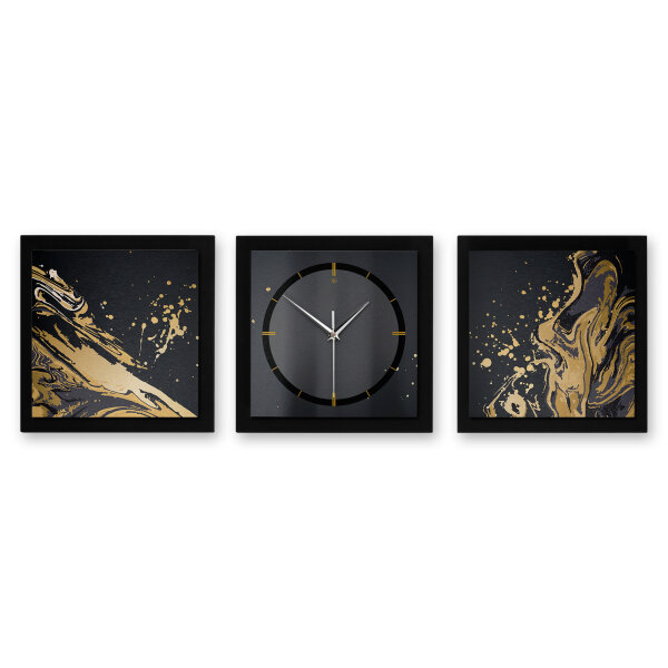 3-teilige Designer-Wanduhr „Gold & Black“ in modernem Metallic-Look