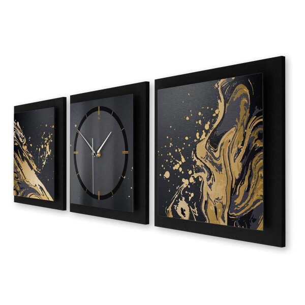 3-teilige Designer-Wanduhr „Gold & Black“ in modernem Metallic-Look