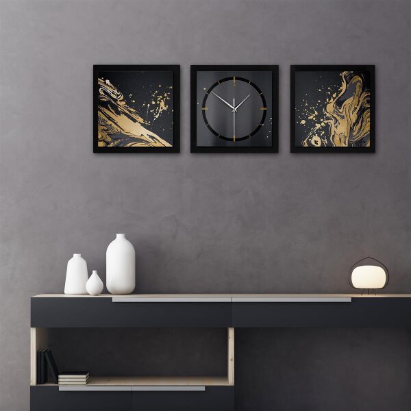 3-teilige Designer-Wanduhr „Gold & Black“ in modernem Metallic-Look