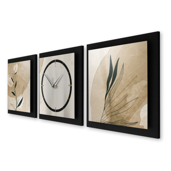 3-teilige Designer-Wanduhr „Floral Beige“ in modernem Metallic-Look