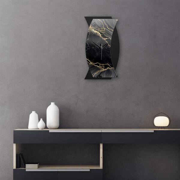 Designer-Wanduhr &bdquo;Black & Gold Marble&ldquo; in modernem Metallic-Look