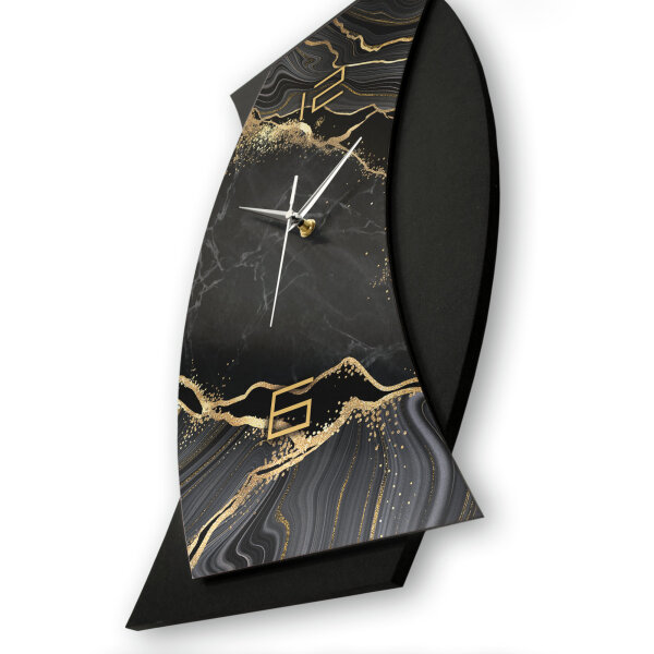 Designer-Wanduhr &bdquo;Black & Gold Marble&ldquo; in modernem Metallic-Look