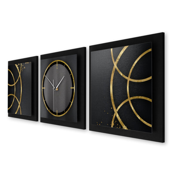 3-teilige Designer-Wanduhr „Golden Rings“ in modernem Metallic-Look