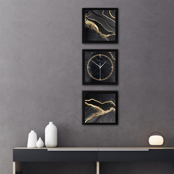3-teilige Designer-Wanduhr „Gold & Black Marble“ in modernem Metallic-Look