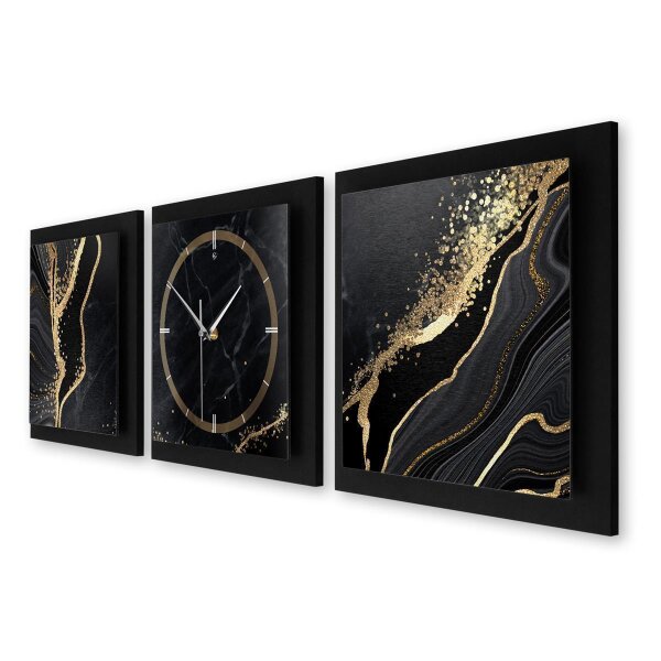 3-teilige Designer-Wanduhr „Gold & Black Marble“ in modernem Metallic-Look