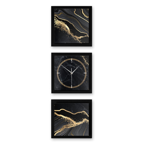 3-teilige Designer-Wanduhr „Gold & Black Marble“ in modernem Metallic-Look