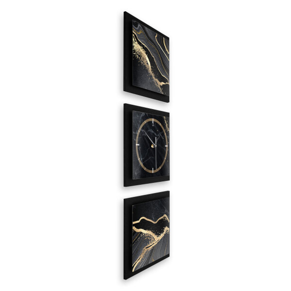 3-teilige Designer-Wanduhr „Gold & Black Marble“ in modernem Metallic-Look