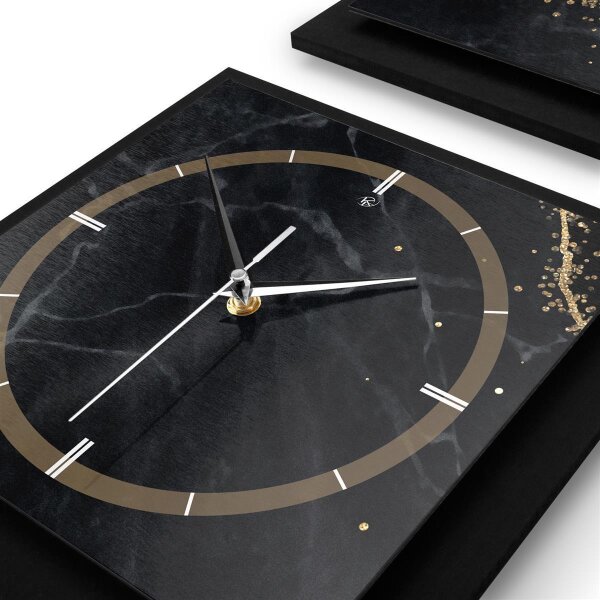 3-teilige Designer-Wanduhr „Gold & Black Marble“ in modernem Metallic-Look