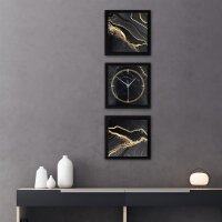 3-teilige Designer-Wanduhr „Gold & Black Marble“ in modernem Metallic-Look