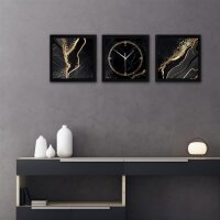 3-teilige Designer-Wanduhr „Gold & Black Marble“ in modernem Metallic-Look