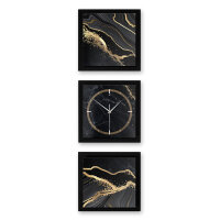3-teilige Designer-Wanduhr „Gold & Black Marble“ in modernem Metallic-Look