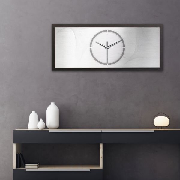 3D Wanduhr "Silver Net" aus geb&uuml;rstetem Aluminium & MDF quer mit leisem Funk- oder Quarzuhrwerk