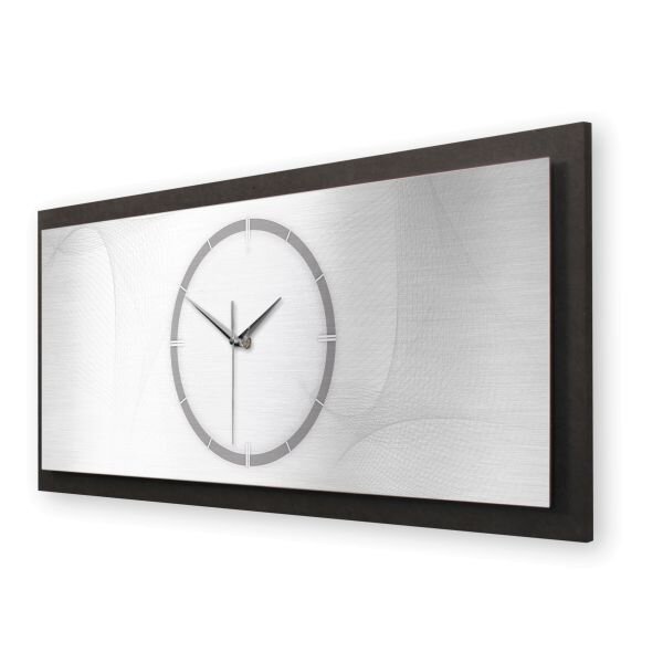 3D Wanduhr "Silver Net" aus geb&uuml;rstetem Aluminium & MDF quer mit leisem Funk- oder Quarzuhrwerk