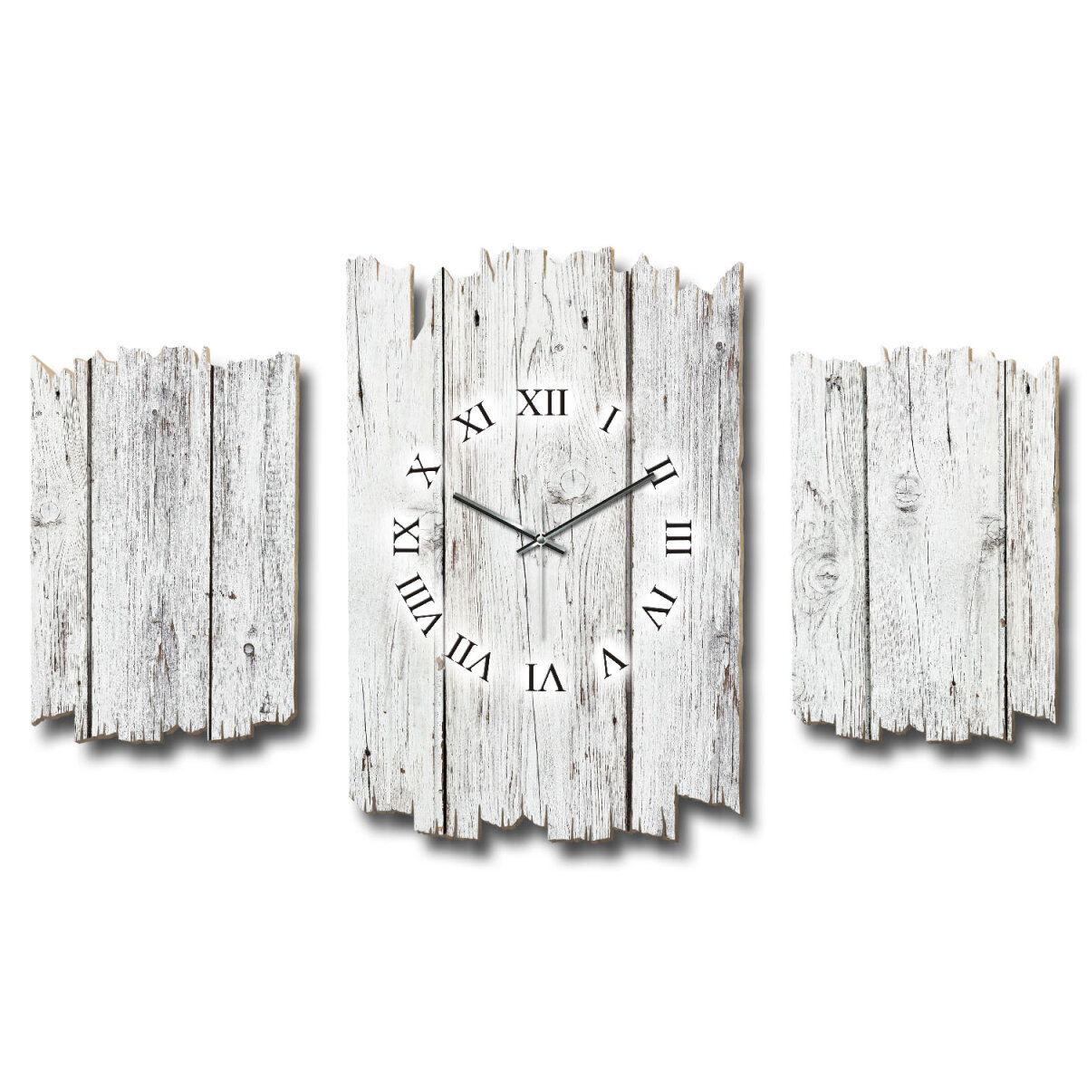 Holzoptik weiß Shabby chic Dreiteilige Wanduhr aus MDF mit leisem Funk- oder Quarzuhrwerk