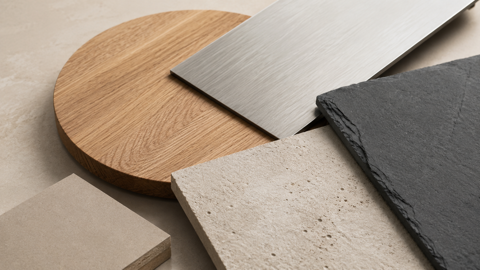 Materialdetails aus Echtholz Aluminium und Stein